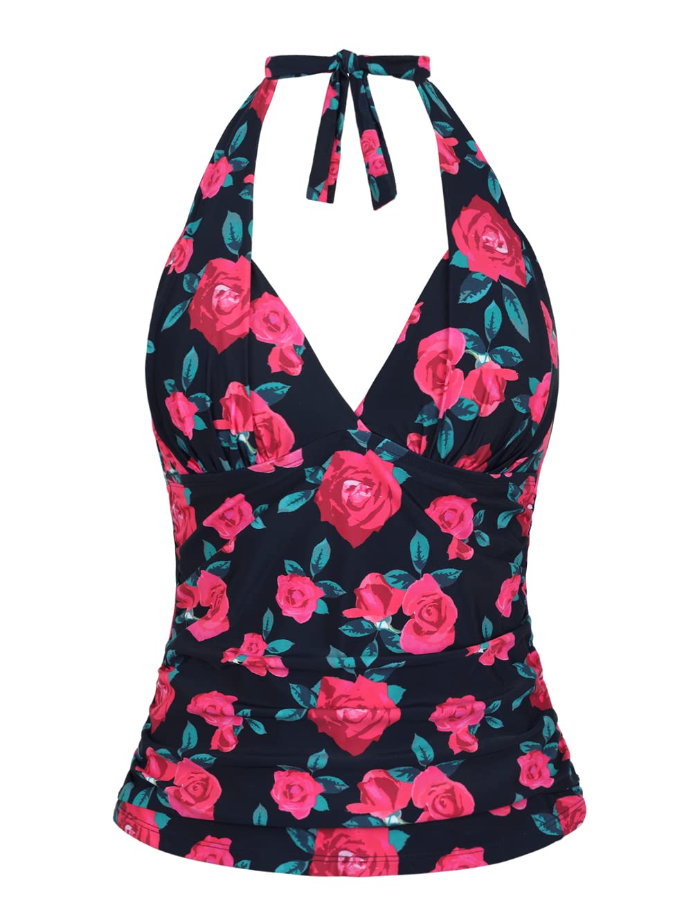 Hilor Women's Plunging V Neck Halter Swim Tops Shirred Tankini Top New Version Red Rose 12