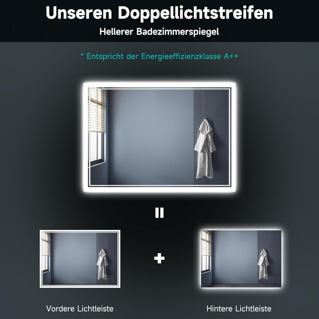 SONNI LED Badspiegel 70x50cm – Wandspiegel mit Beleuchtung, 3 Farbtemperaturen, Dimmbar, Anti-Beschl