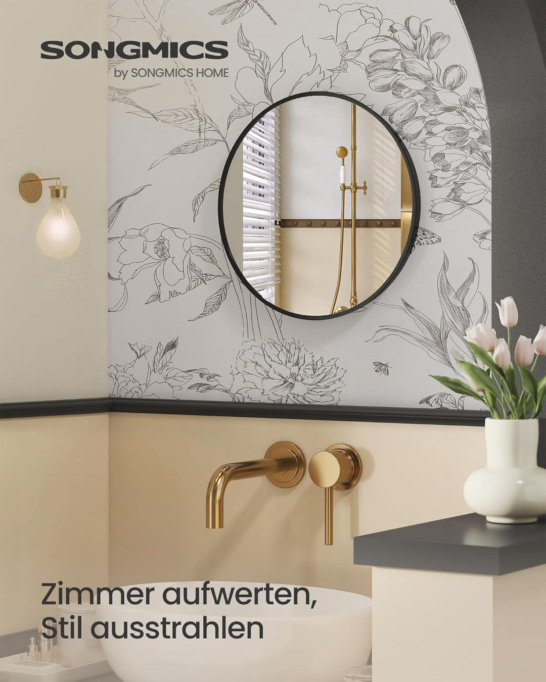 SONGMICS Wandspiegel, Spiegel rund, Ø 40,7 cm Badezimmerspiegel, Metallrahmen, einfache Montage, mod