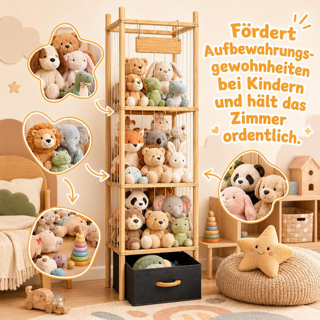 Kuscheltier Aufbewahrung mit Stoffschubladen – Holz Stofftier Regal mit Zoo Design, 146×40×40 cm Plü