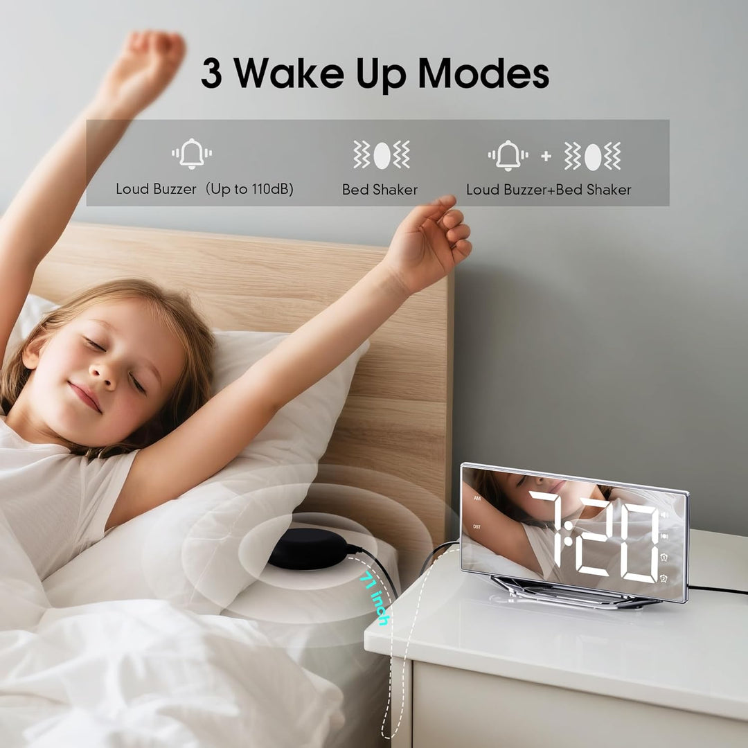 Mesqool Spiegel Digital Wecker mit Vibration, Wecker Laut für Tiefschläfer, Grosses LED-Display mit