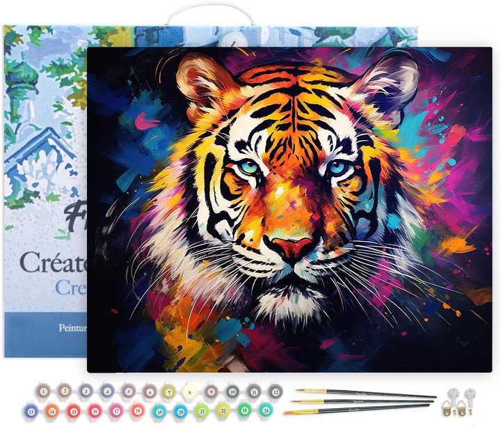 Figured'Art Malen Nach Zahlen Erwachsene Mit Rahmen Tiger Farbenfroh Abstrakt - Paint by Numbers Bas