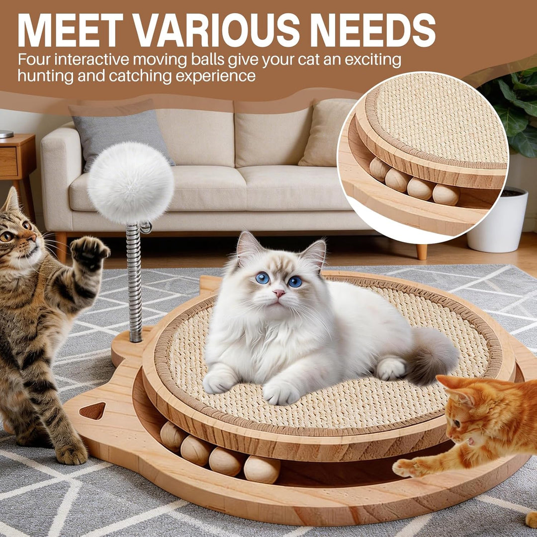 3-IN-1 Kratzbrett Katze Holz, Katzenkratzbrett mit Natürlicher Sisalmatt kratzmöbel Katze mit kugelb