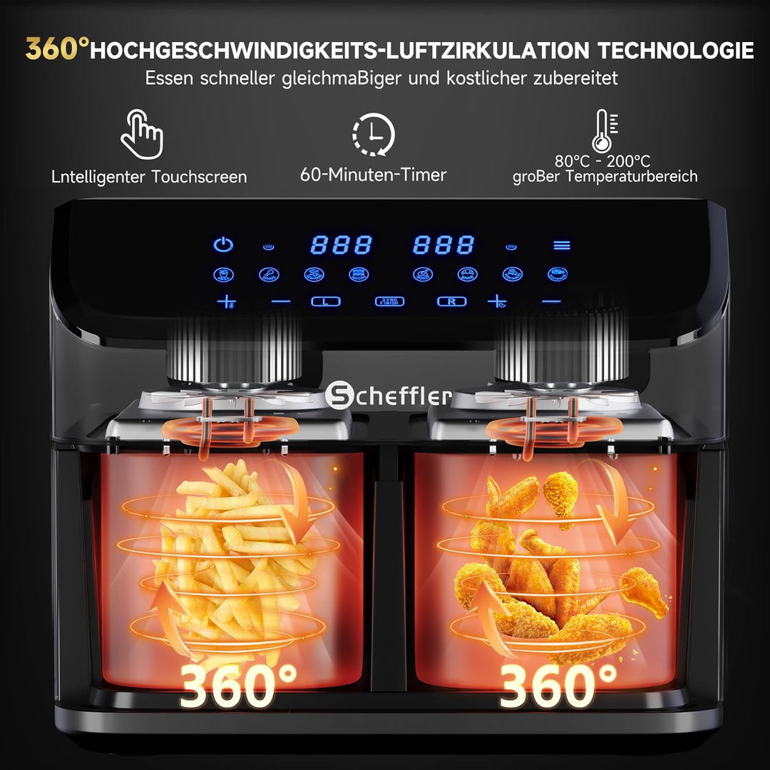 Scheffler Heissluftfritteuse 2 kammern 9L (2x4.5L), 2000W Airfryer mit 2 Fächer, Doppelkammerh, Dual