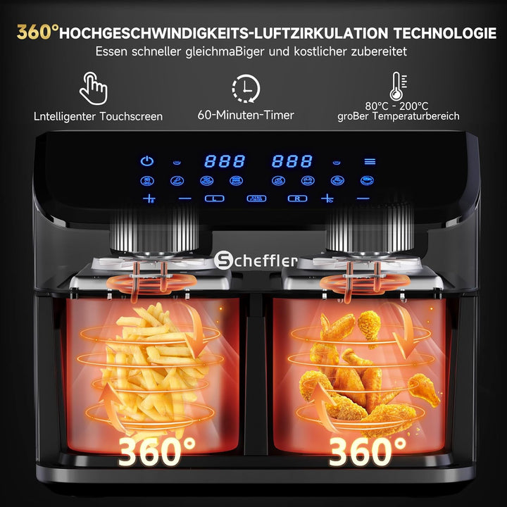 Scheffler Heissluftfritteuse 2 kammern 9L (2x4.5L), 2000W Airfryer mit 2 Fächer, Doppelkammerh, Dual