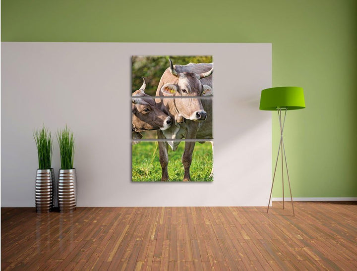Pixxprint Kühe auf der Weide als Leinwandbild/Grösse: 3 Teilig (120x80 cm) cm/Wandbild/Kunstdruck/fe