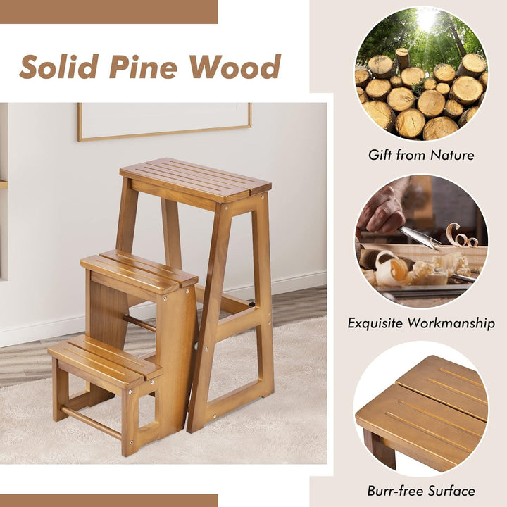 GIANTEX Leiterstuhl Holz 3 Stufen, Trittleiter Tritthocker klappbar Trittstuhl, Hocker Leiter Holzle
