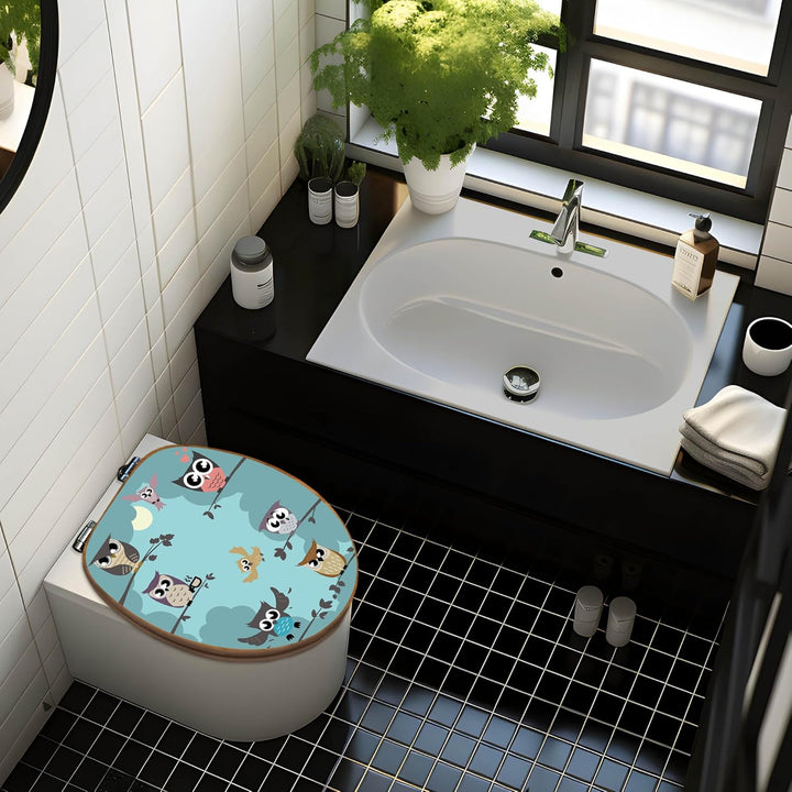 banjado® Design WC Sitz Bambus Absenkautomatik mit Motiv Acht Eulen/Toilettendeckel mit Absenkautoma