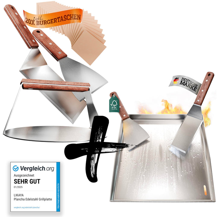 LIKAYA [BUNDLE] Plancha Edelstahl Grillplatte [40x40cm] + Burger-Smasher Set – 4x Grillspachtel &amp; Bu