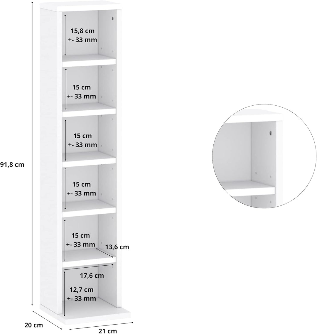 CD DVD Regal 102 CDs lub 36 DVDs/Blue Ray (Weiss, 20x21x91.8) Weiss 20 x 21 x 91.8, Weiss 20 x 21 x
