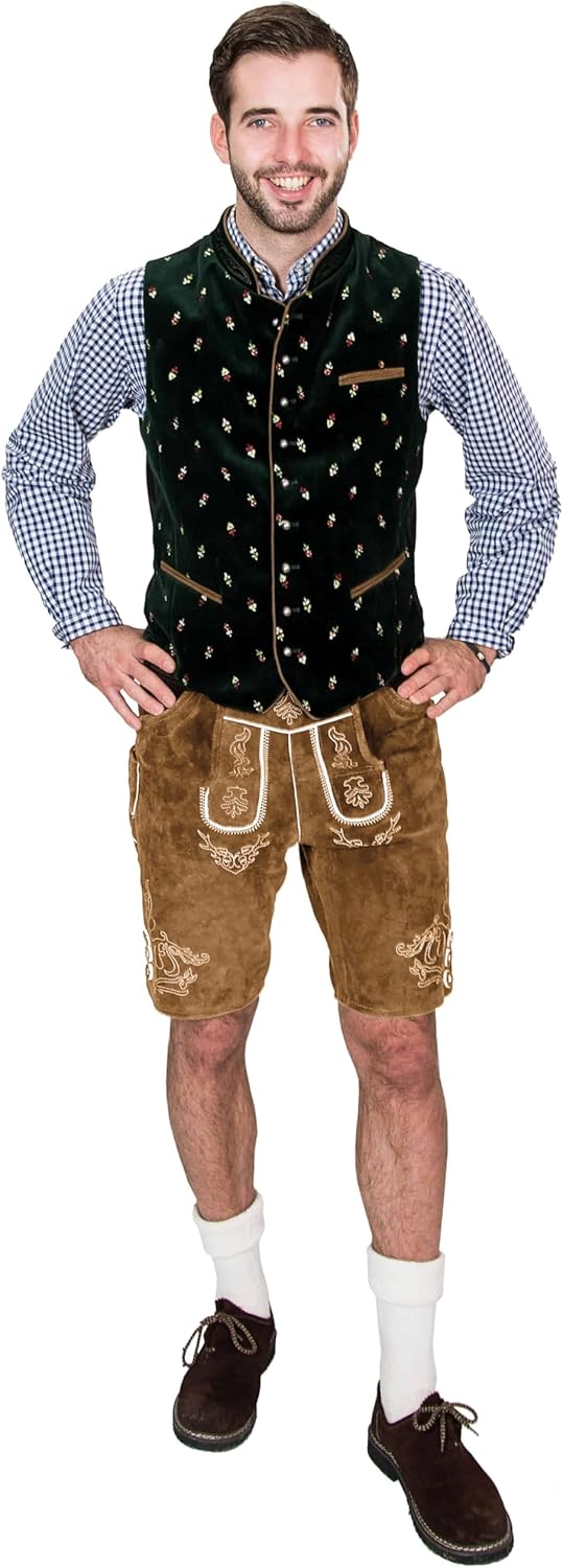 Bayerische Herren Trachten Lederhose kurz, Elegante Trachtenlederhose mit Trägern, original in Dunke