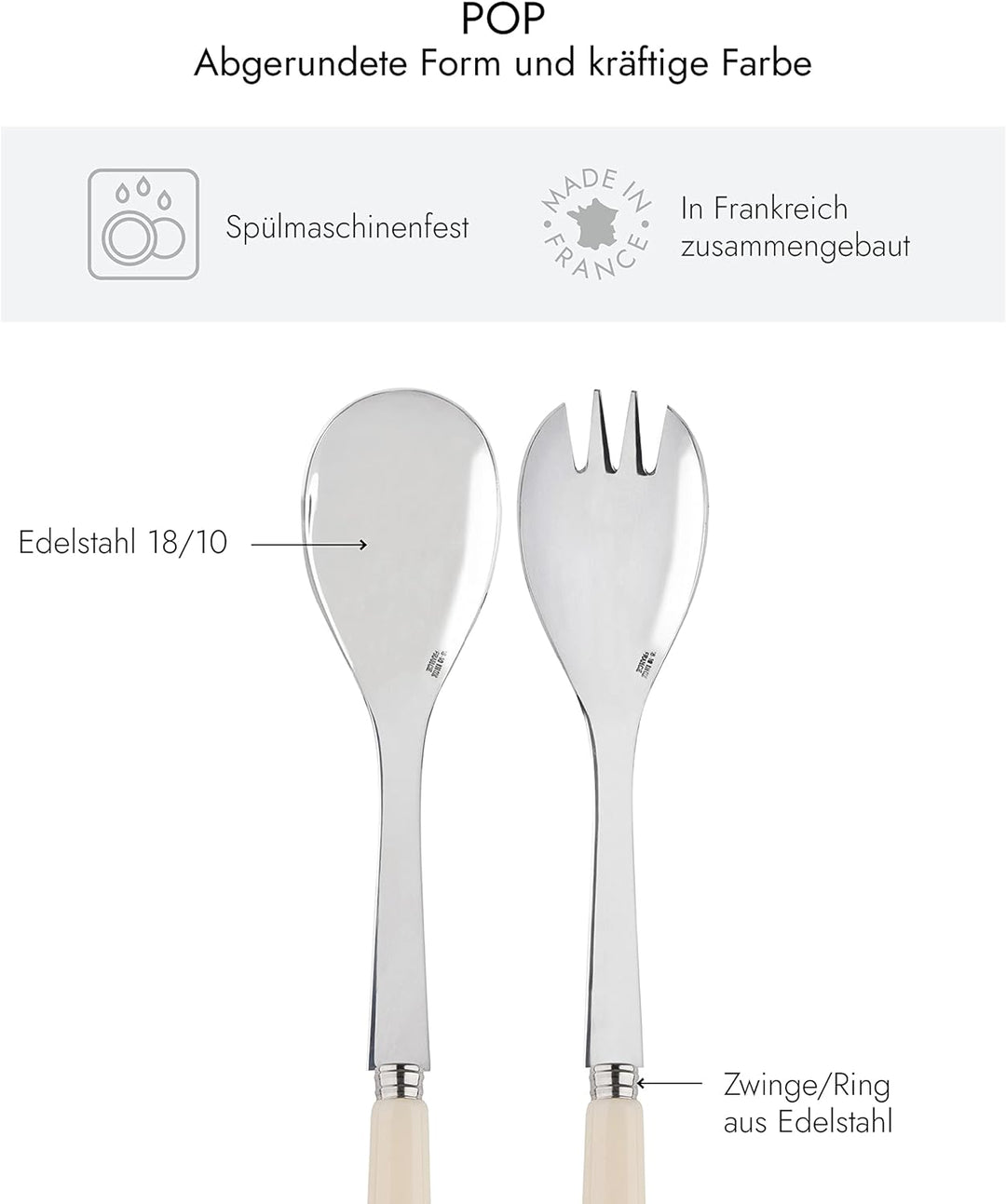 SABRE PARIS - Salatbesteck, 2-teilig 26 cm - Pop - Edelstahl & Acryl - Spülmaschinenfest - Elfenbein