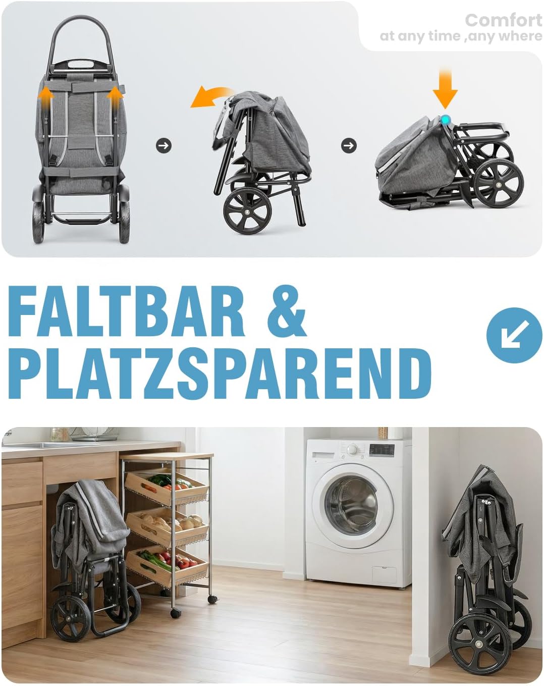 Homecall Einkaufstrolley Klappbar Einkaufswagen mit 50L + 5L kühlfunktion Bis 50KG, Einkaufstasche m