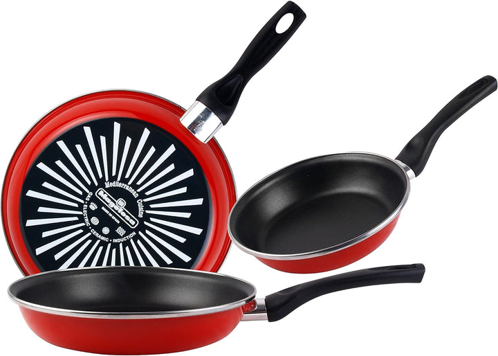 MAGEFESA Grana Pfannen-Set, 3-teilig, 18/20/24 cm, emaillierter Stahl, aussen rot, zweilagige Antiha