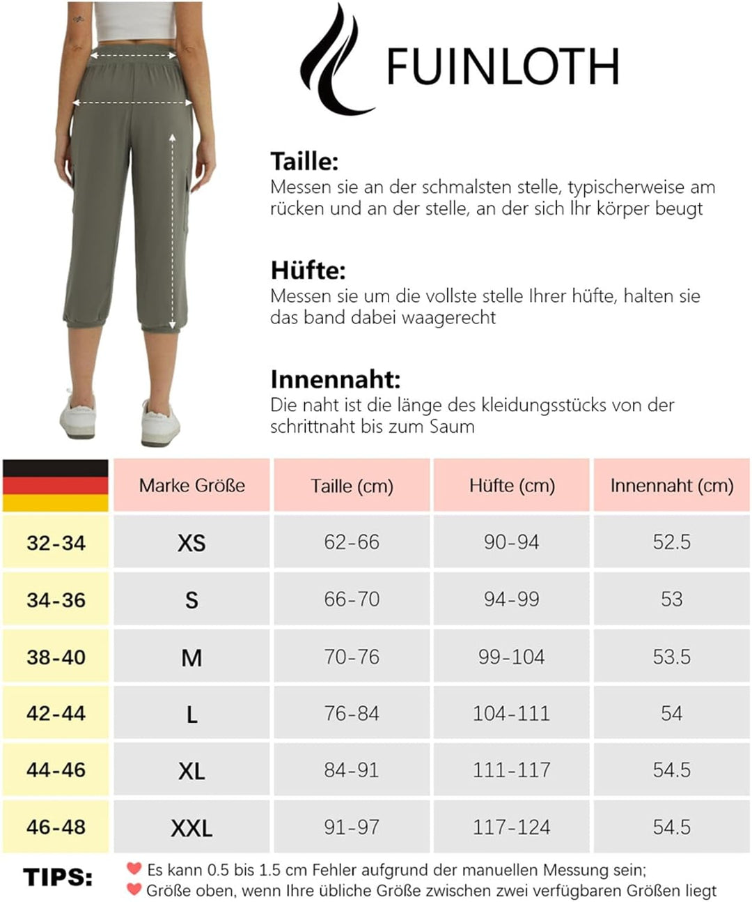 fuinloth 3/4 Hose Damen, Sommer Caprihose Dreiviertel Cargo Hosen Frauen Gummizug Leicht 42-44 Grau
