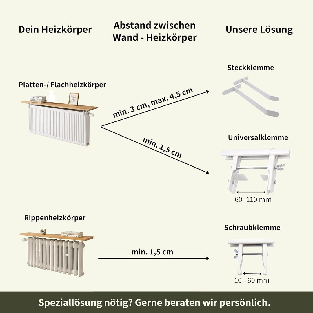 Heizungsregal Eiche Massiv – Ohne Bohren – Individuelle Länge 30-190 cm – Zum Aufstecken – Handgefer