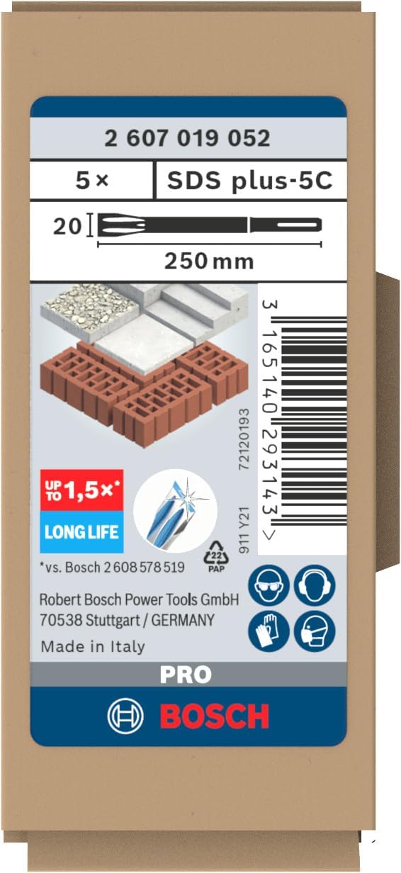 Bosch Professional Flachmeissel Long Life SDS-plus (5 Stück) 250 x 20 mm Black, 250 x 20 mm Black