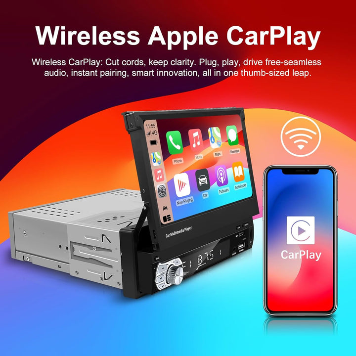 7 Zoll Flip Out 1 Din Autoradio Bluetooth mit Wireless Carplay Android Auto, EZoneTronics 1 Din Touc