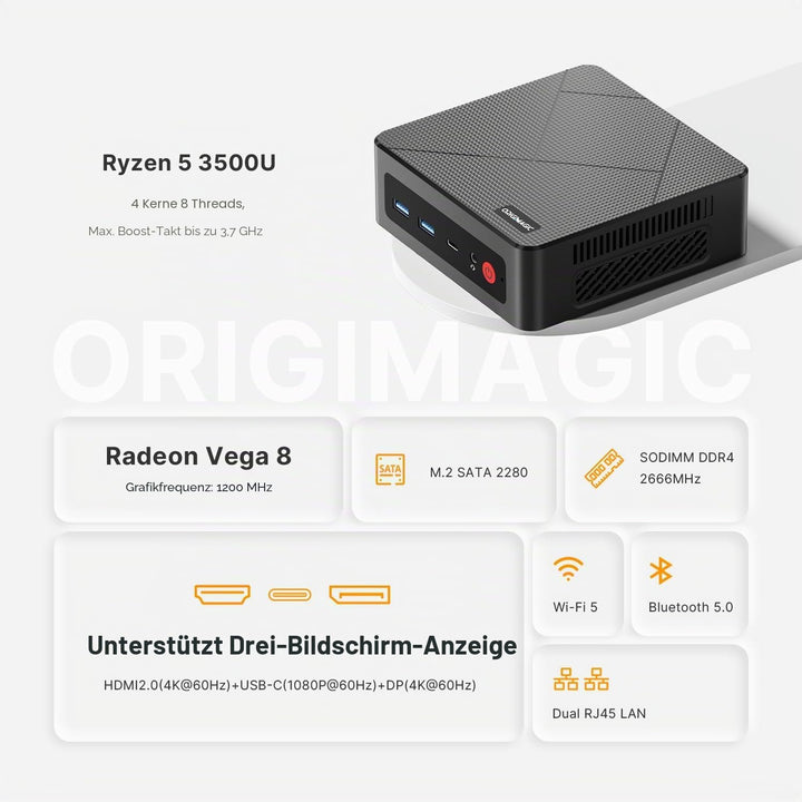 Mini PC Ryzen 5 3500U C4 Air (bis zu 3,7 GHz) Mini Computer,8 GB DDR4,256 GB SSD,Unterstützung für d
