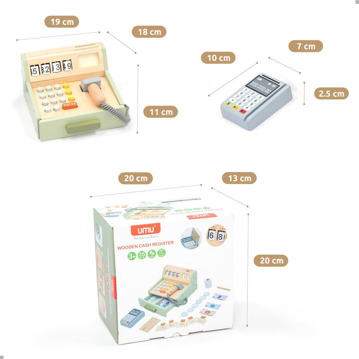 UMU® Kinder Kasse aus Holz - inkl. Zubehör (Scanner, Zahlungsterminal, Spielgeld usw.), Kaufläden &amp;