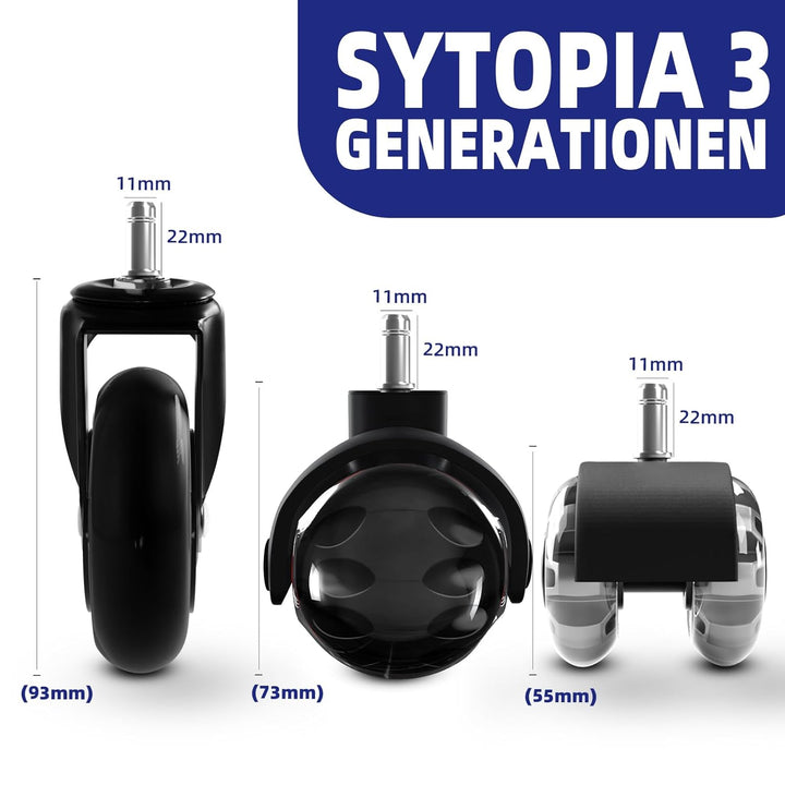 Sytopia Bürostuhl Rollen 5er Set in Schwarz, Rollen für Bürostühle 11 x 22 mm für Teppichböden, Hart