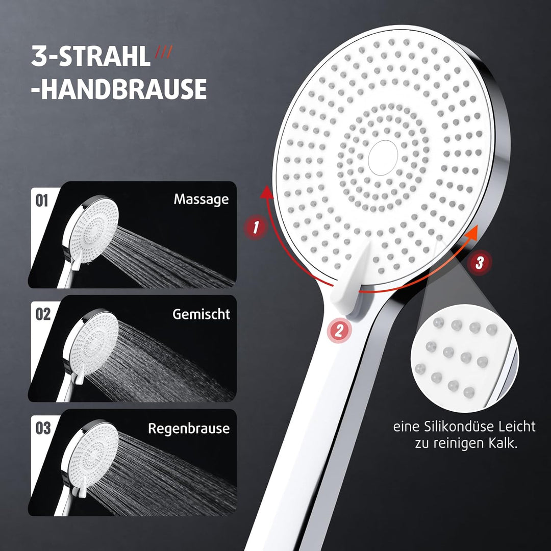Rainsworth Duschsystem mit Ablage Chrom - 25 X 25 cm Rund Regendusche und 3 Strahlarten Duschkopf, m