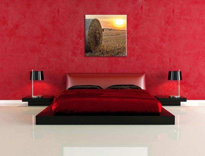 Strohballen auf Feld, Format: 70x70 auf Leinwand, XXL riesige Bilder fertig gerahmt mit Keilrahmen,