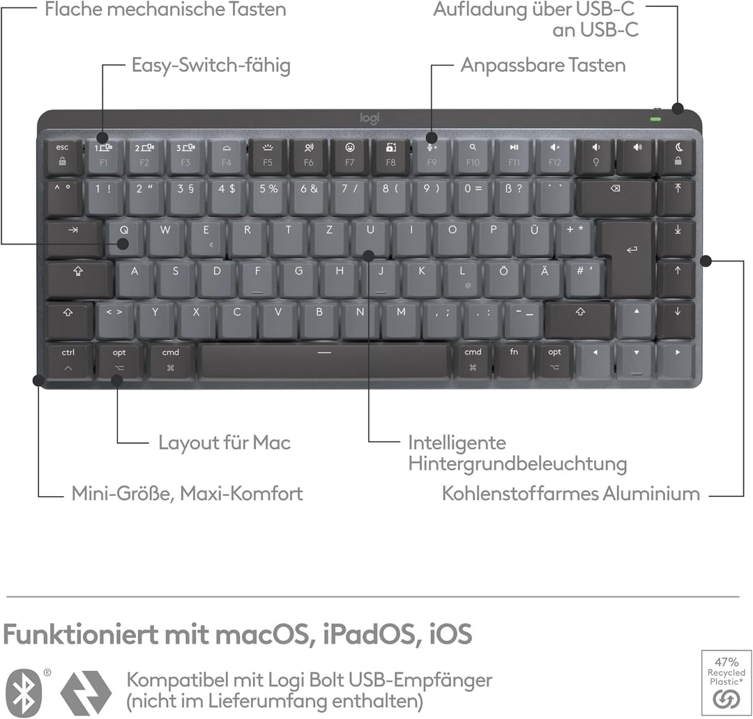 Logitech MX Mechanical Mini für Mac, Kabellose Tastatur mit Beleuchtung, Flache Tasten, Taktile leis