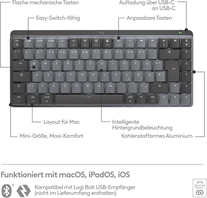Logitech MX Mechanical Mini für Mac, Kabellose Tastatur mit Beleuchtung, Flache Tasten, Taktile leis