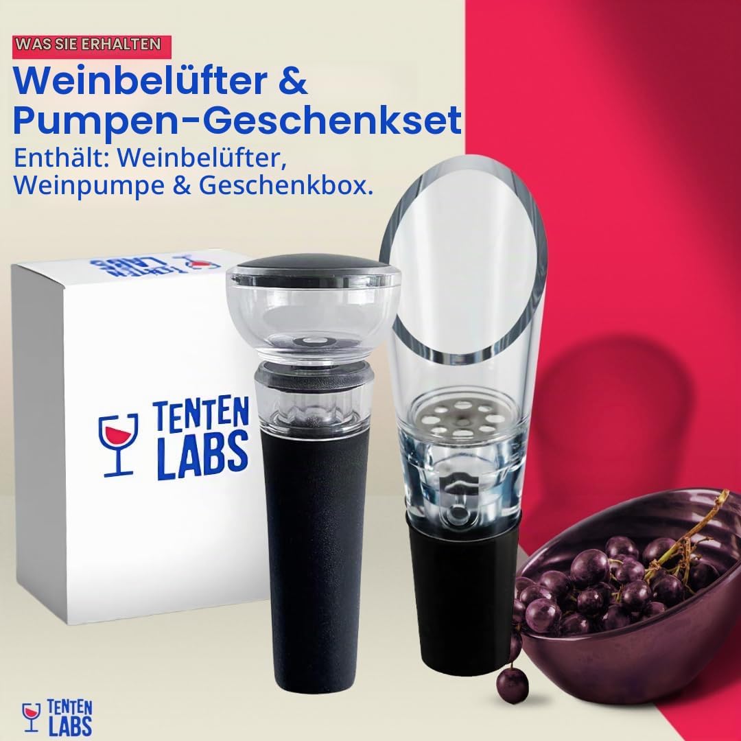 TenTen Labs WeinBelüfter und Weinsparer Vakuumpumpe COMBO – Premium WeinDekanter und Wein Konservier