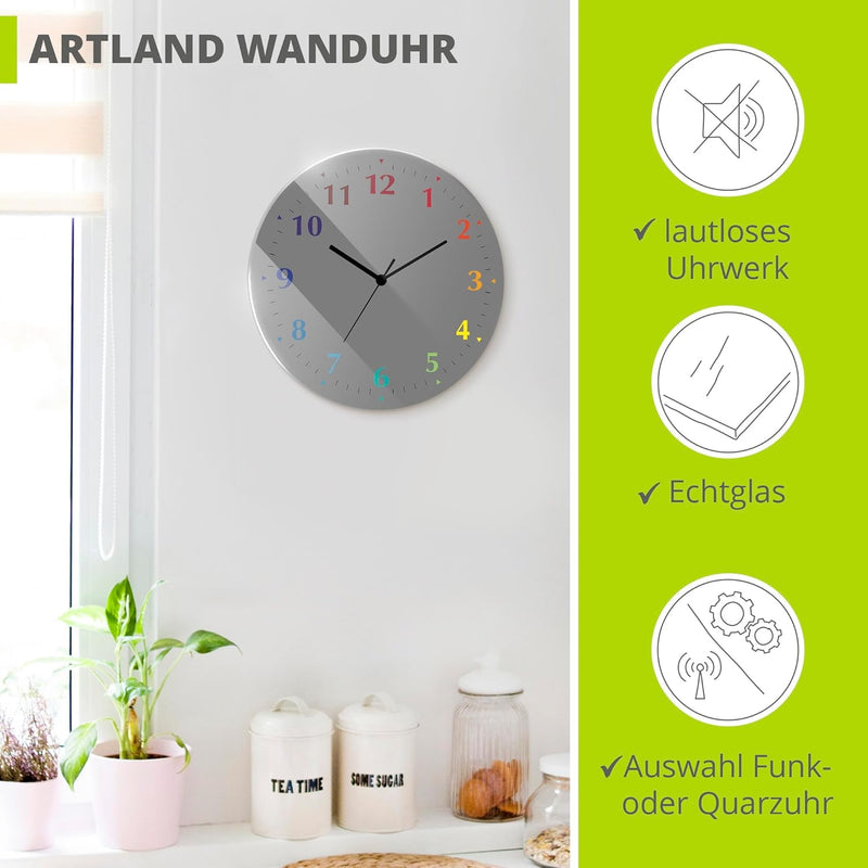 ARTLAND Wanduhr ohne Tickgeräusche aus Glas Quarzuhr Ø 30 cm Rund Lautlos Trendfarbe Grau-Bunt S7KD