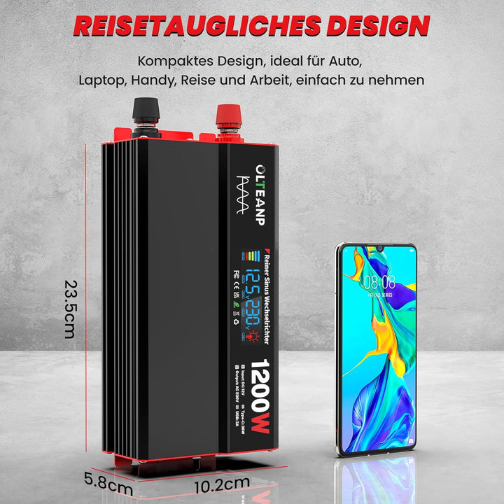 OLTEANP Wechselrichter 12V auf 230V Reiner Sinus,Spannungswandler 1200W Inverter mit LCD-Bildschirma