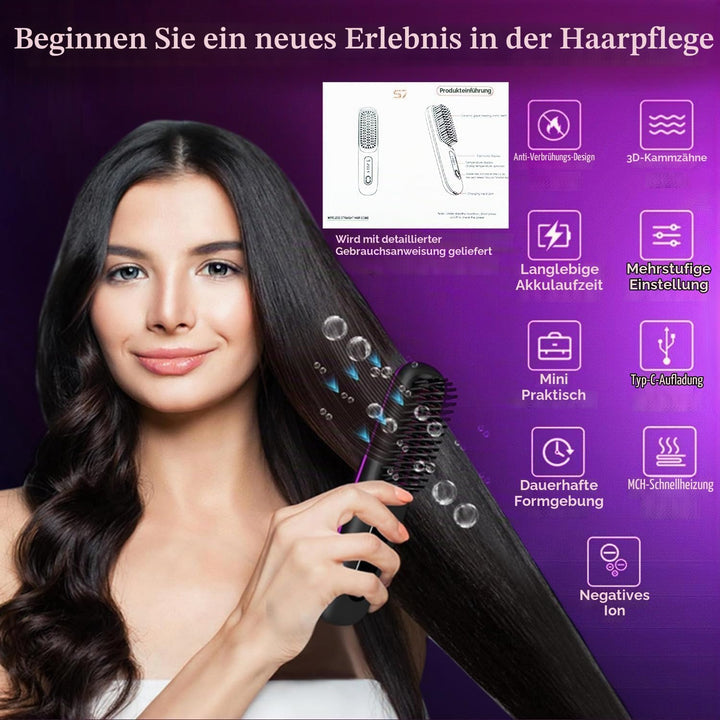 Haarglätter Bürste Kabellos, Tragbar &amp; Wiederaufladbar Glättbürste, Stylingbürsten für Langes Kurzes