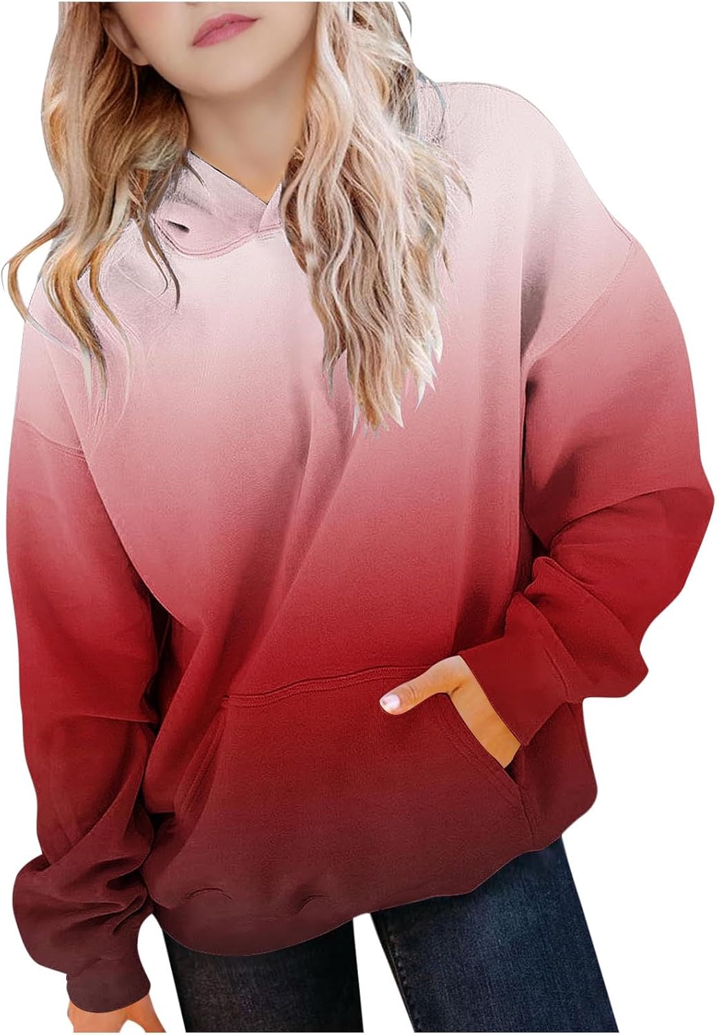 Hoodie Mädchen Oversize Kapuzenpullover Farbverlauf Mode Sweatshirt Casual Pullover mit Kapuze Tasch