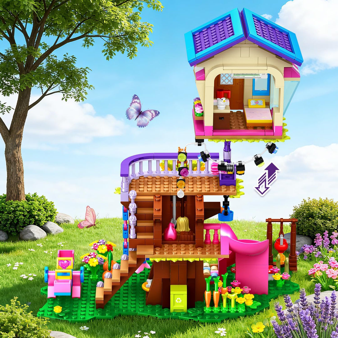 CUBIMANA Baumhaus-Bauspielzeug mit LED-Lichtern – 618 Teile Baumhaus-Baustein-Spielzeug, Wald-Hochha