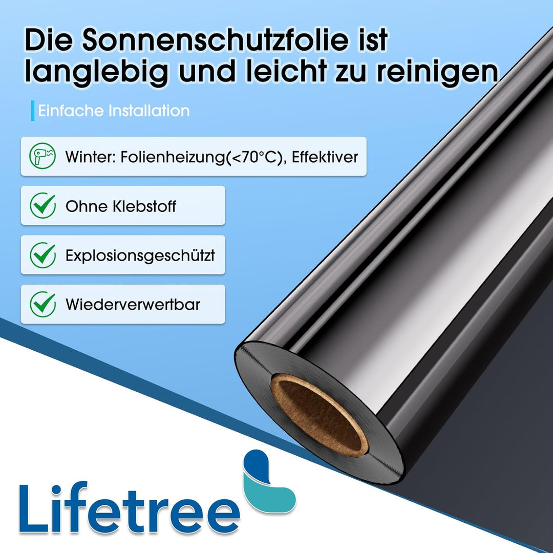 Lifetree Fensterfolie Spiegelfolie Wärmereflektion Selbstklebend Sonnenschutzfolie Wärmegrad Kontrol