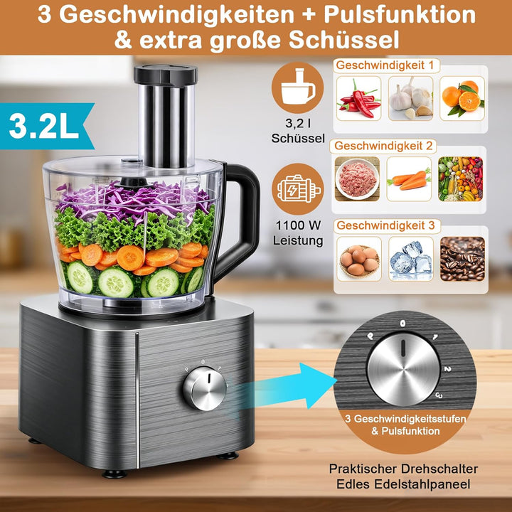TopStrong Küchenmaschine 1100W,Küchenmaschine Multifunktions,11 Funktionen Food Chopper Prozessor,3,