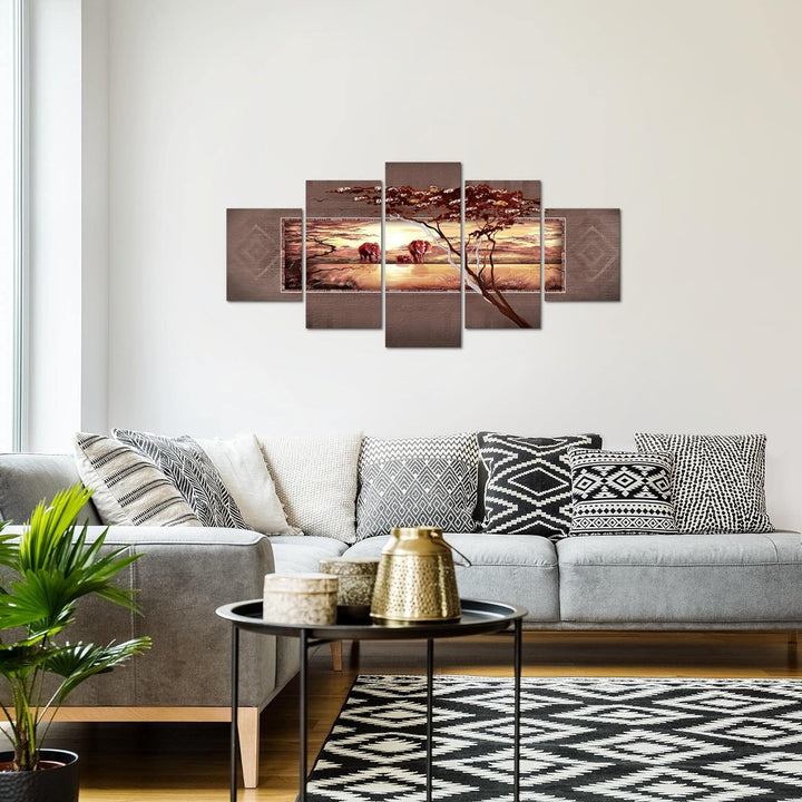 Runa Art Wandbilder Afrika Elefant 5 Teilig Bild auf Vlies Leinwand Deko Wohnzimmer Schlafzimmer Sav