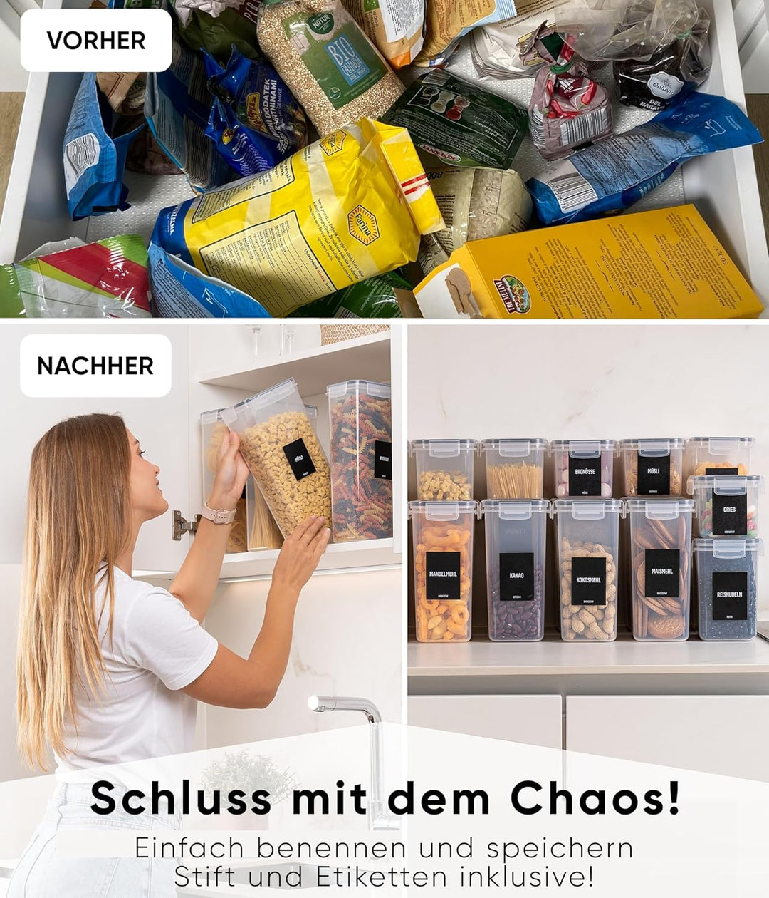 Deco haus® Vorratsdosen mit Deckel Luftdicht [inkl. VORRATSETIKETTEN] - 4er Vorratsbehälter Set 2.8L
