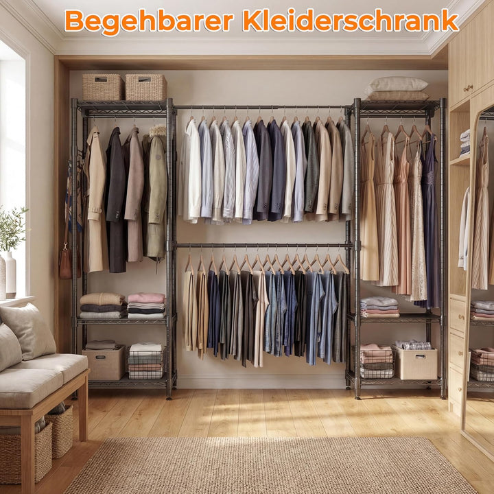 Himimi Teleskop-Kleiderständer Stabil, Offener Kleiderschrank System mit 4 Kleiderstangen & 6 Höhenv