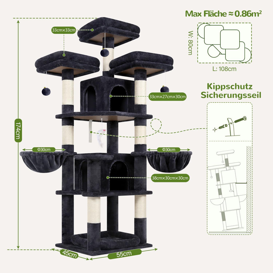 Globlazer Kratzbaum Stabil 174 cm mit 3 Gepolsterte Sitzstangen, 2 Katzenhaus, 2 Korb, Abnehmbares H