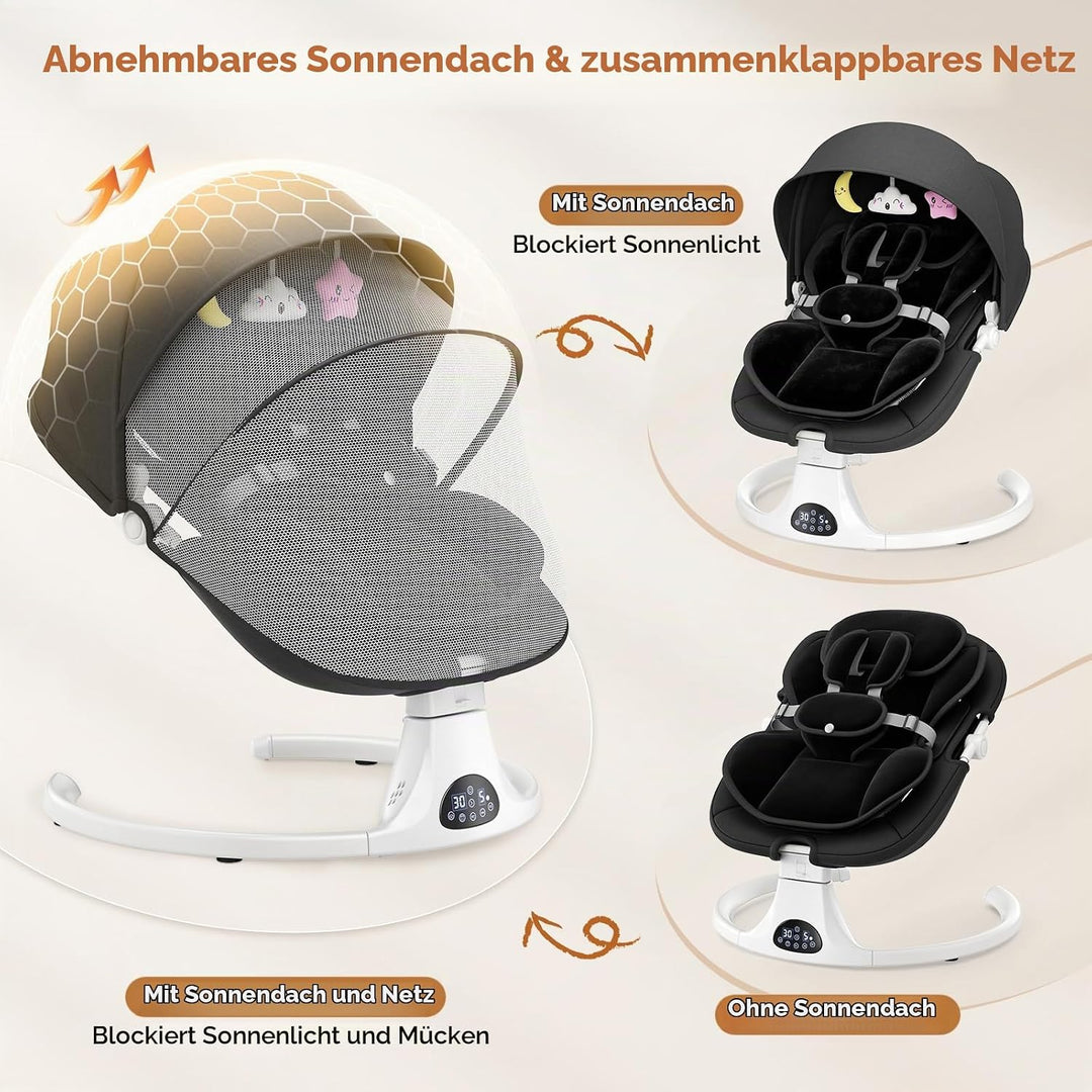 Verstellbare Rückenlehne Babyschaukel, Bluetooth Elektrisch Babywippe Mit Abnehmbares Kissen und Abn