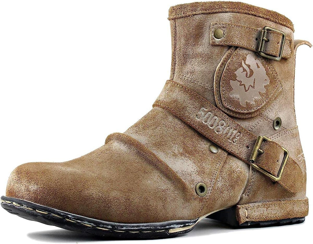 OSSTONE Herren Leder chukkastiefel Worker Biker Boots-Motorrad-Leder-Schuhe für reissverschluss Schn