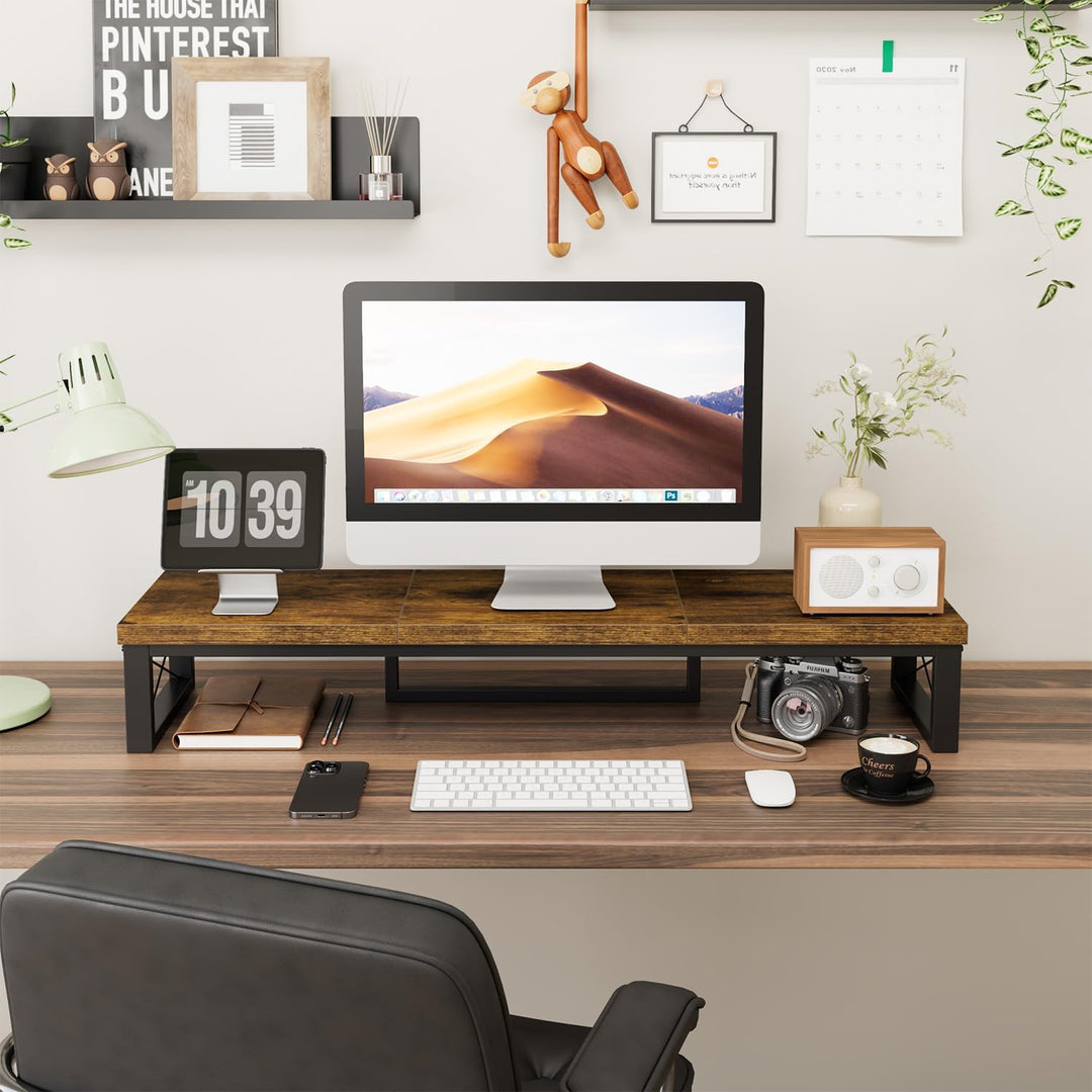 IBUYKE Dual Monitorständer, Computer Bildschirmerhöhung, 97cm Holz Schreibtisch Monitor Erhöhung mit