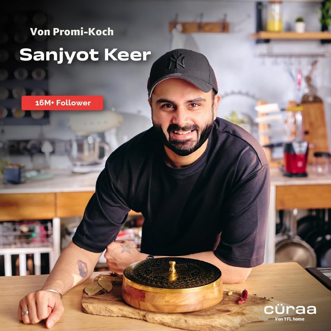 CÜRAA by YFL home Gewürzbox für Küche mit Löffel (Akazienholz, 7 abnehmbare Behälter, 120 ml) | Masa