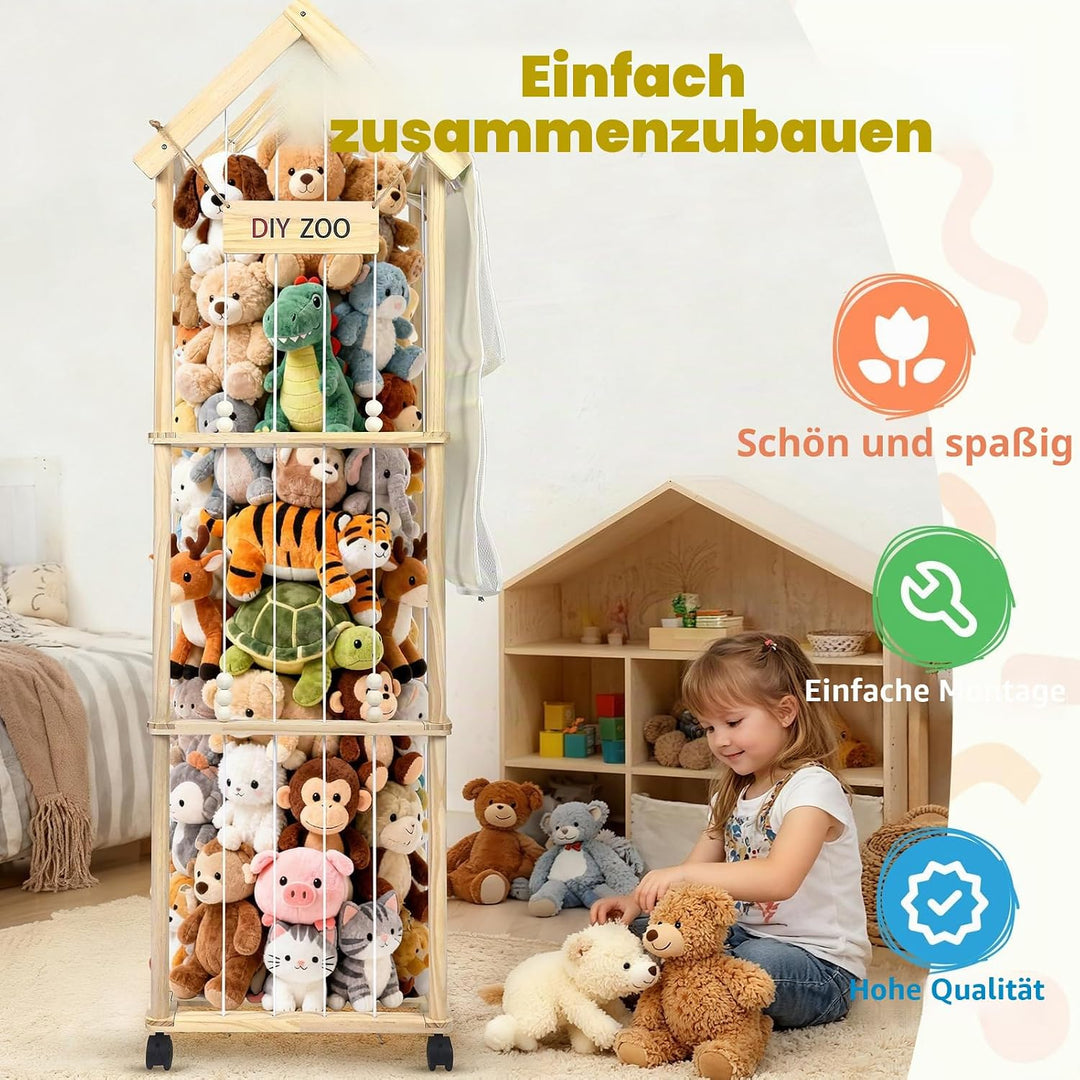 Aufbewahrung Kuscheltiere, 146x42x32CM Massivholz, 360° Drehbar und Arretierbar Plüschtier Aufbewahr