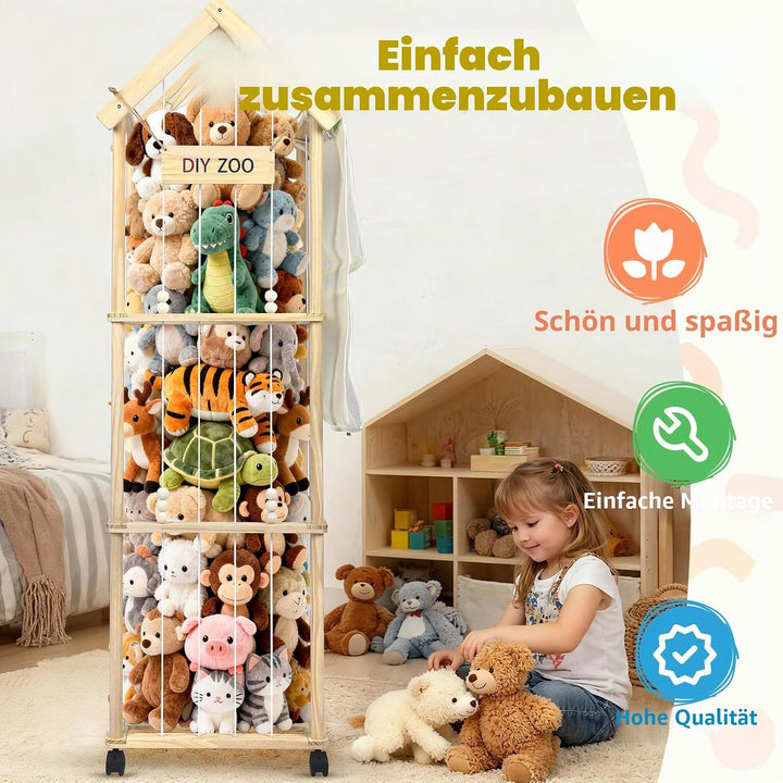Aufbewahrung Kuscheltiere, 146x42x32CM Massivholz, 360° Drehbar und Arretierbar Plüschtier Aufbewahr