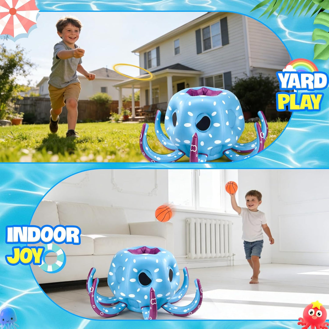 Aufblasbares Oktopus Poolspielzeug, 2-in-1 Aufblasbare Schwimmer Wasser Spiel, Pool Basketballkorb &