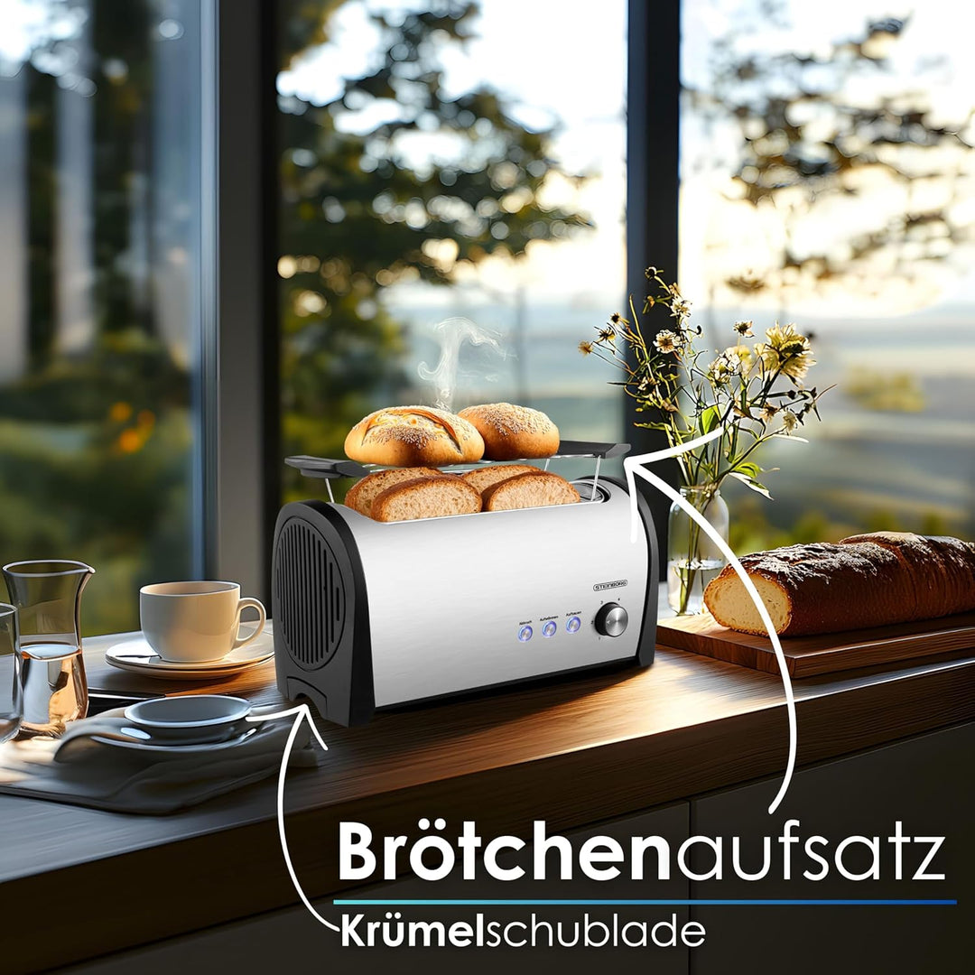 Steinborg Toaster 4 Scheiben mit Brötchenaufsatz XXL Langschlitztoaster Edelstahl Blaue LED Beleucht
