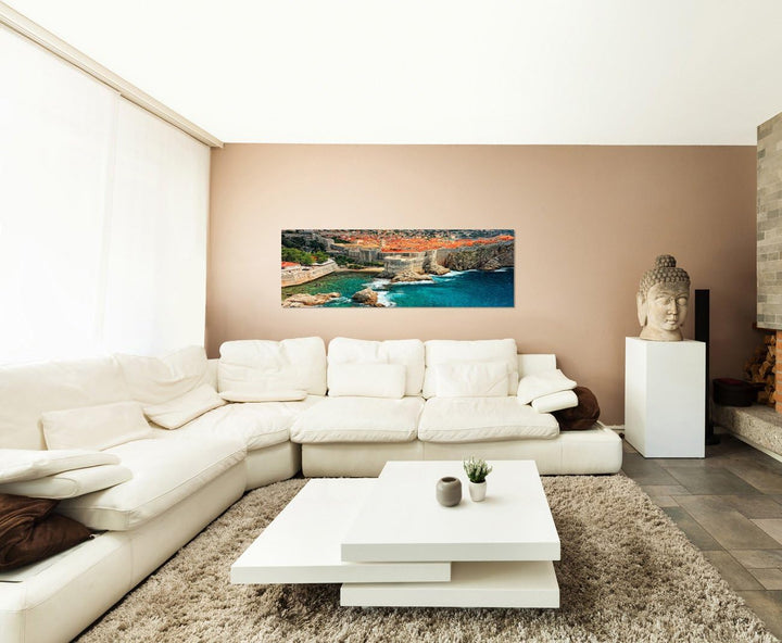 Paul Sinus Art Panoramabild auf Leinwand und Keilrahmen 150x50cm Kroatien Dubrovnik Städtchen Meer B